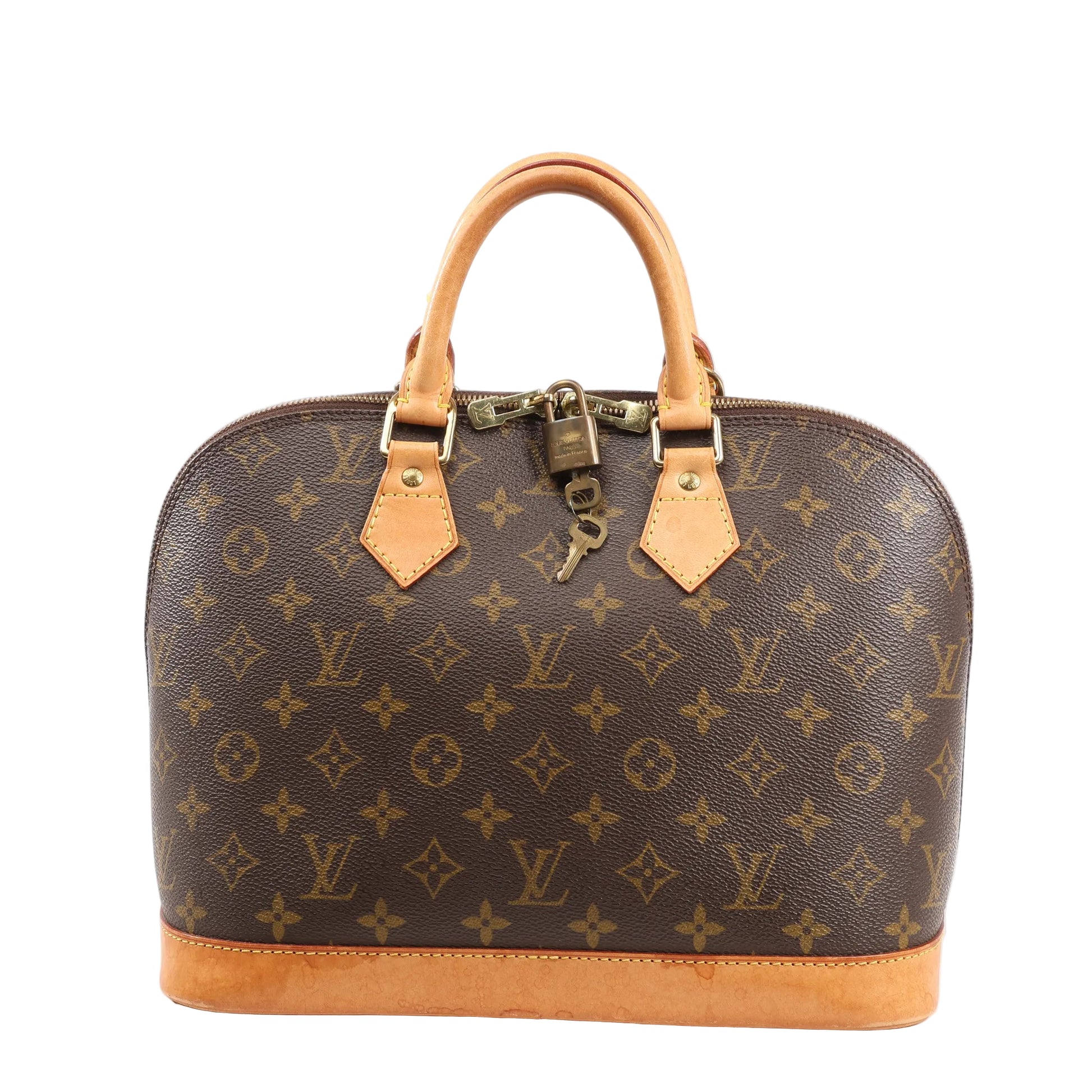 Louis Vuitton Alma PM Handbag M51130 in brown Monogram canvas with natural leather trim, dual rolled handles, gold-tone hardware, and lock with key on a white background.