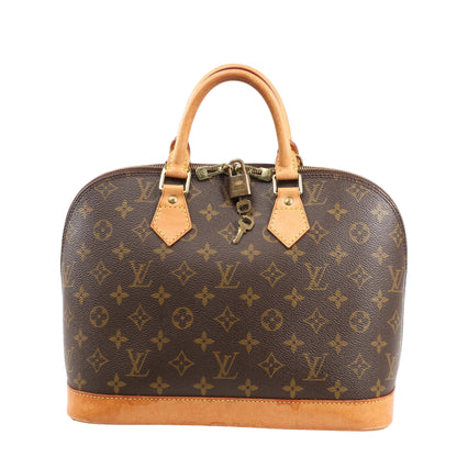 Louis Vuitton Alma PM Handbag M51130 in brown Monogram canvas with natural leather trim, dual rolled handles, gold-tone hardware, and lock with key on a white background.