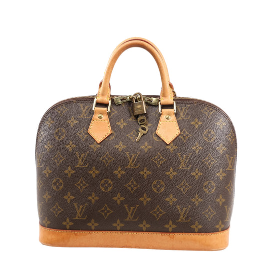Louis Vuitton Alma PM Handbag M51130 in brown Monogram canvas with natural leather trim, dual rolled handles, gold-tone hardware, and lock with key on a white background.
