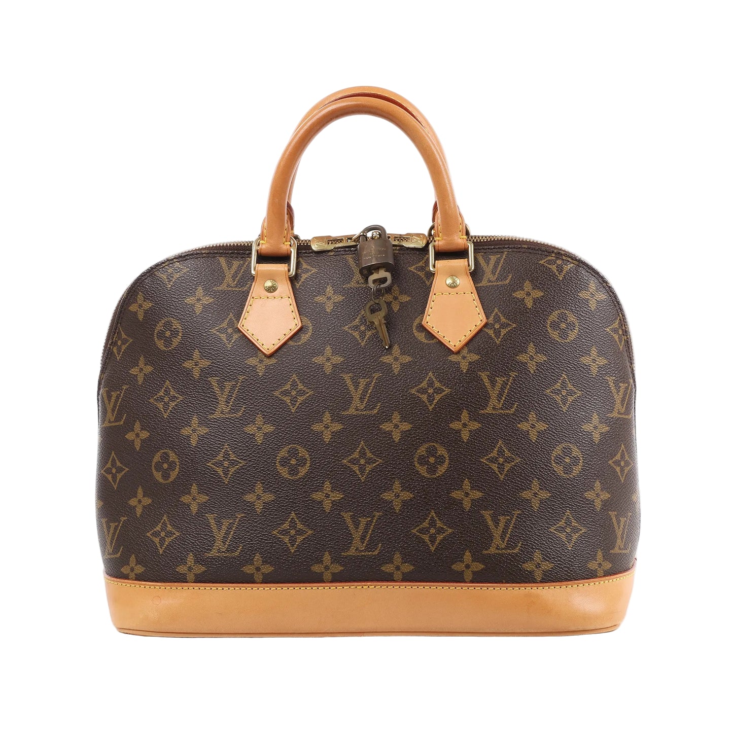 Louis Vuitton Alma PM handbag M51130 in brown monogram canvas with tan leather trim, dual rolled handles, gold-tone hardware, and structured dome-shaped silhouette against a white background.
