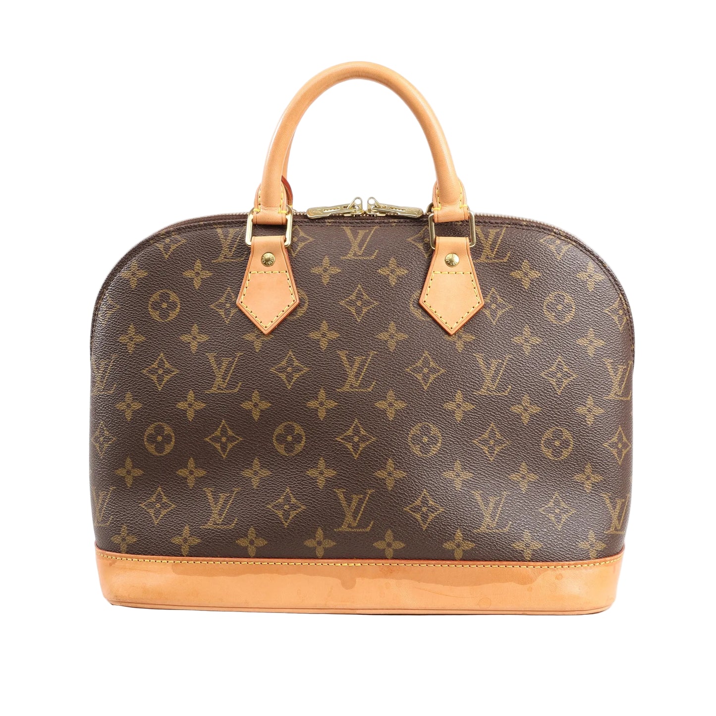 Louis Vuitton Alma PM Handbag M51130 in brown Monogram canvas with natural leather trim, dual rolled handles, gold-tone padlock, and structured dome silhouette on a white background.