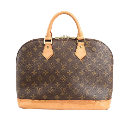 Louis Vuitton Alma PM Handbag M51130 in brown Monogram canvas with natural leather trim, dual rolled handles, gold-tone padlock, and structured dome silhouette on a white background.