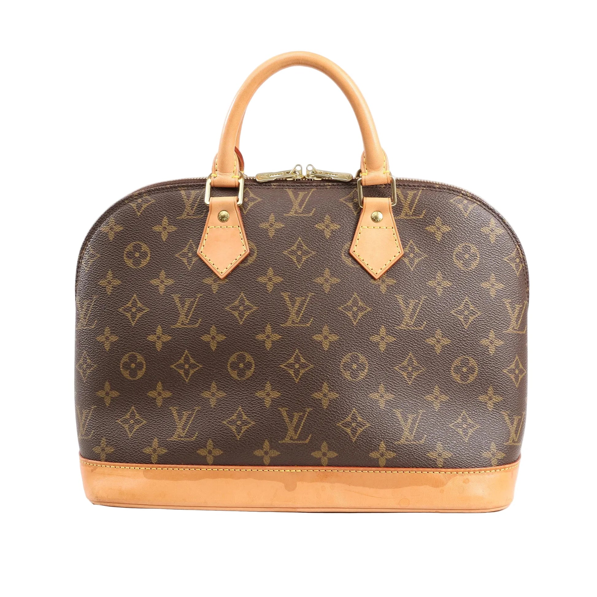 Louis Vuitton Alma PM Handbag M51130 in brown Monogram canvas with natural leather trim, dual rolled handles, gold-tone padlock, and structured dome silhouette on a white background.
