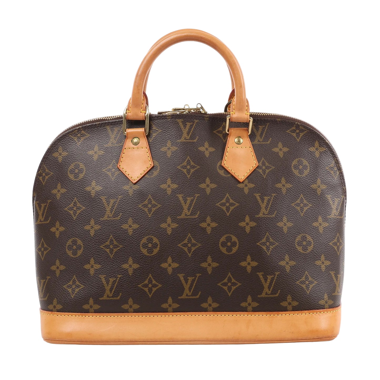 Louis Vuitton Alma PM handbag M51130 in brown monogram canvas with tan leather trim, dual rolled handles, and structured dome-shaped silhouette against a white background.