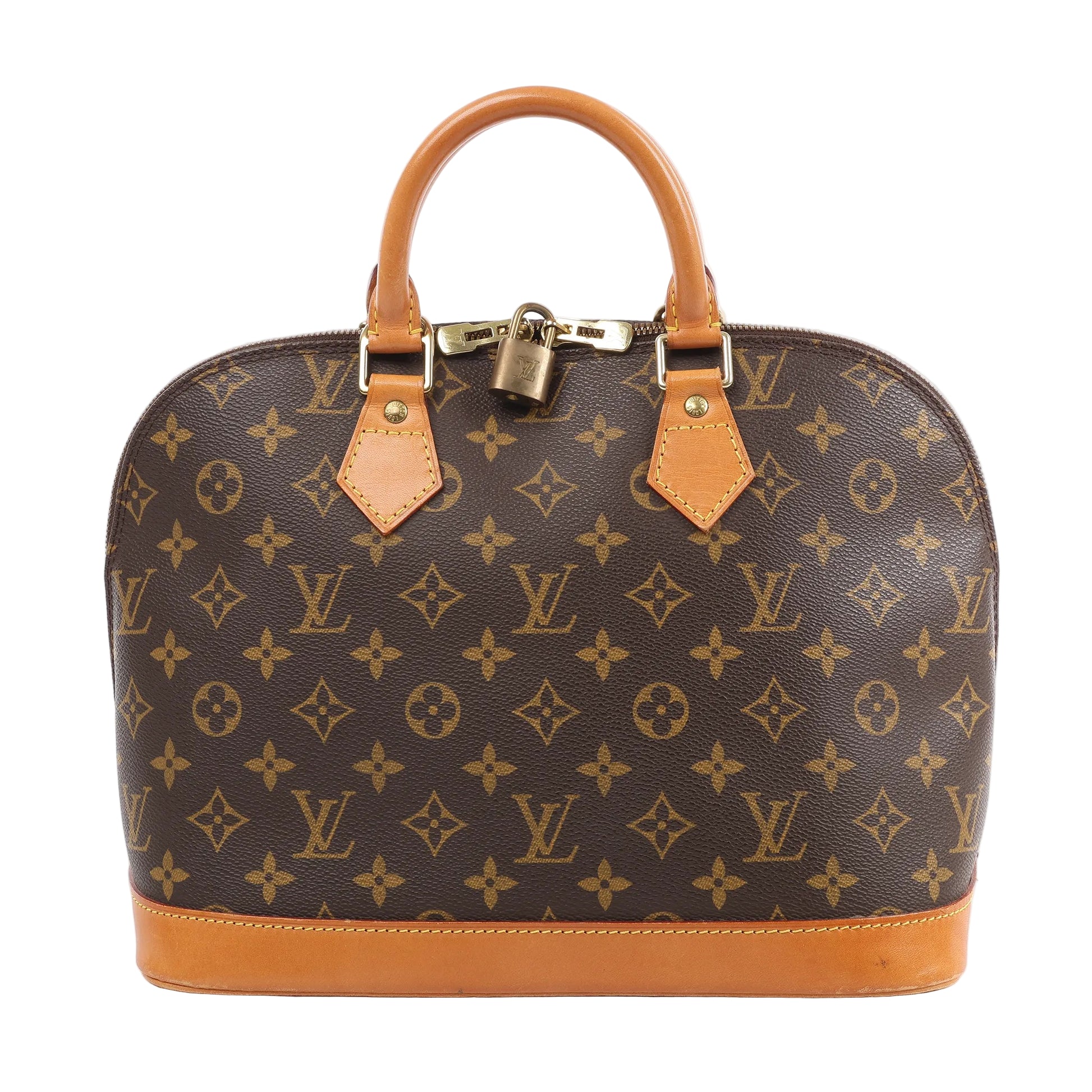 Louis Vuitton Alma PM handbag M51130 in brown monogram canvas with tan leather trim, dual rolled handles, and structured dome-shaped silhouette against a white background.