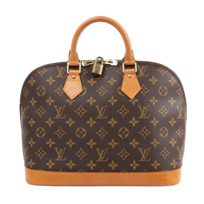 Louis Vuitton Alma PM handbag M51130 in brown monogram canvas with tan leather trim, dual rolled handles, and structured dome-shaped silhouette against a white background.