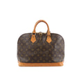 Louis Vuitton Alma PM handbag in brown Monogram canvas with vachetta leather base and top handles, double-zip closure, and gold-tone hardware.