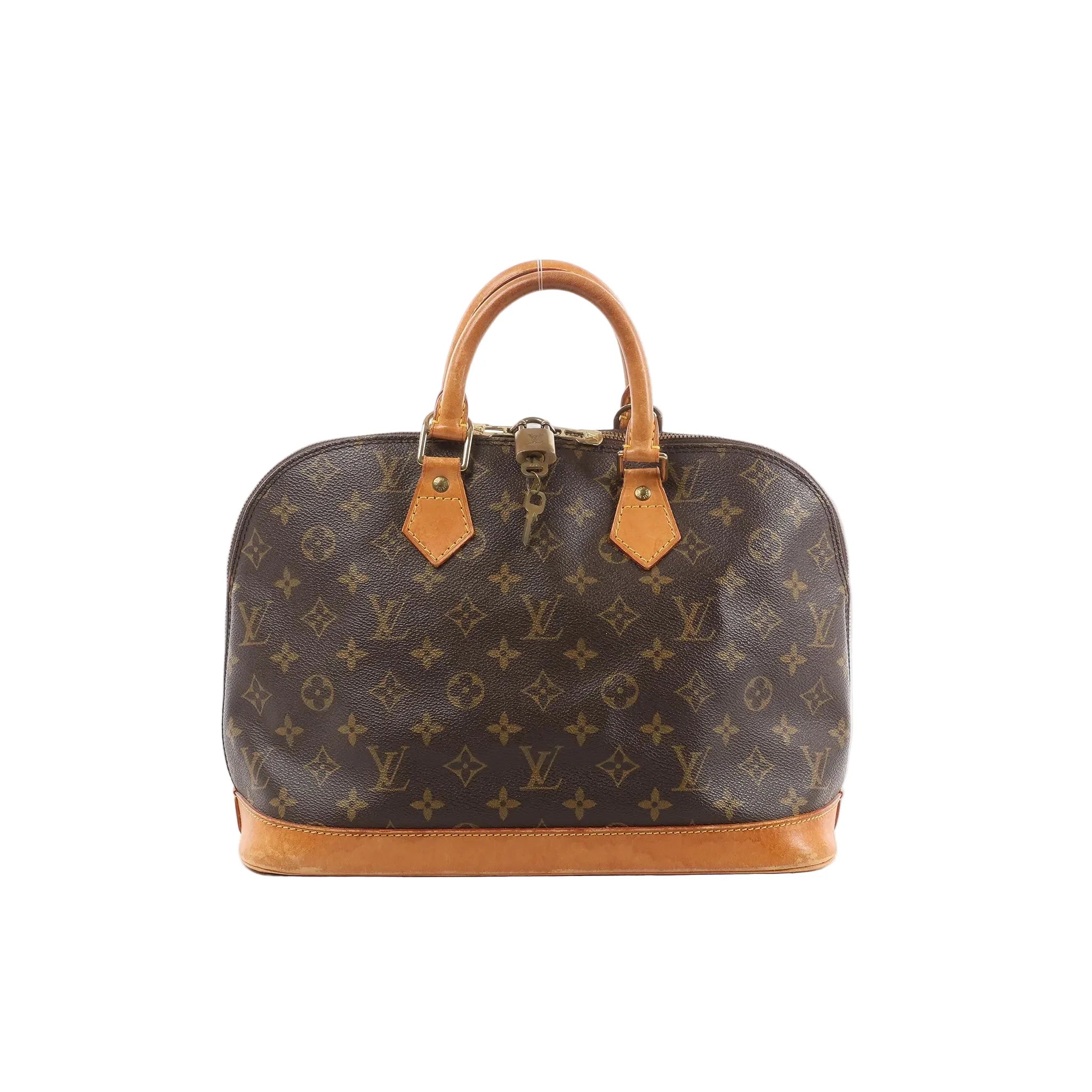 Louis Vuitton Alma PM handbag in brown Monogram canvas with vachetta leather base and top handles, double-zip closure, and gold-tone hardware.