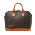 Brown Louis Vuitton Alma Monogram canvas handbag with tan leather handles and trim, gold-tone zip hardware, shown front-on against white.