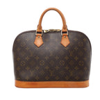 Brown Louis Vuitton Alma Monogram canvas handbag with tan leather handles and trim, gold-tone zip hardware, shown front-on against white.