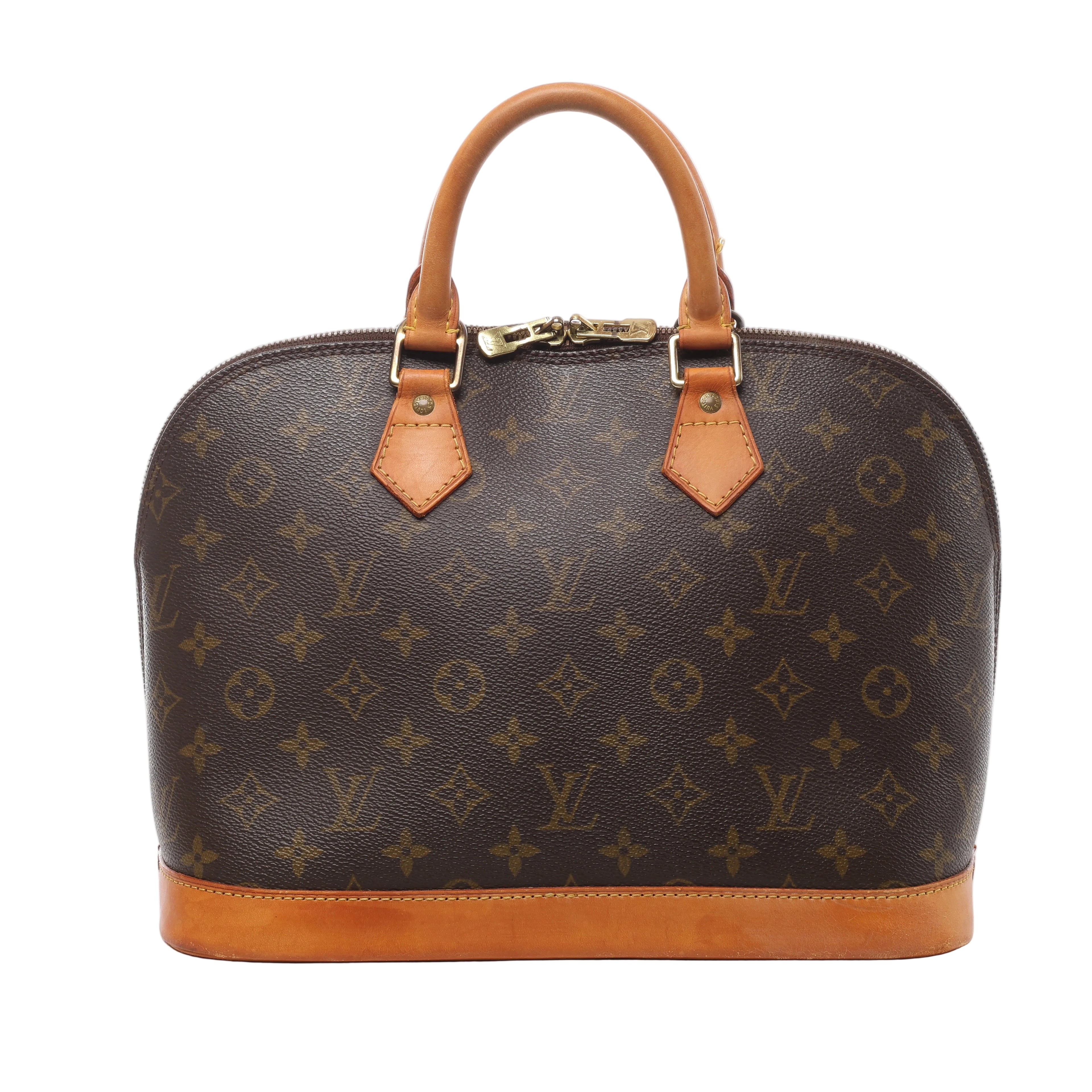 Brown Louis Vuitton Alma Monogram canvas handbag with tan leather handles and trim, gold-tone zip hardware, shown front-on against white.