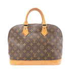 Louis Vuitton Alma PM handbag in brown Monogram canvas with natural leather top handles and base trim, structured dome silhouette, and zip-top closure.