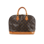 Louis Vuitton Alma PM handbag in brown Monogram canvas with natural leather top handles and base trim, gold-tone hardware, and dome zip-top silhouette.