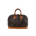 Brown Louis Vuitton Alma PM Monogram canvas handbag with tan leather top handles, leather base trim and gold-tone zip hardware.