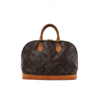 Brown Louis Vuitton Alma PM Monogram canvas handbag with tan leather top handles, leather base trim and gold-tone zip hardware.