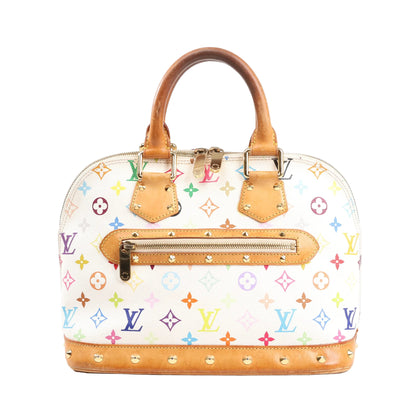 Louis Vuitton Alma M92647 handbag in white Multicolor Monogram canvas with natural leather handles and trim, front zip pocket with studs, gold-tone hardware, and structured dome shape.
