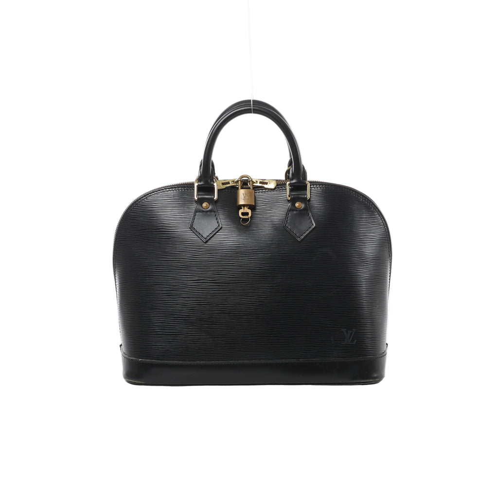 Black Louis Vuitton Alma PM Epi leather handbag with rounded handles, a smooth leather base, gold-tone padlock and keys, and an embossed LV logo.