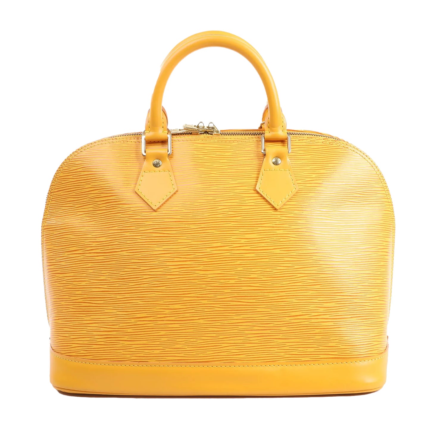 Louis Vuitton Alma PM handbag in bright yellow Epi leather featuring a structured dome shape, dual top handles, and silver-tone hardware, displayed against a white background.