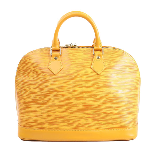 Louis Vuitton Alma PM handbag in bright yellow Epi leather featuring a structured dome shape, dual top handles, and silver-tone hardware, displayed against a white background.