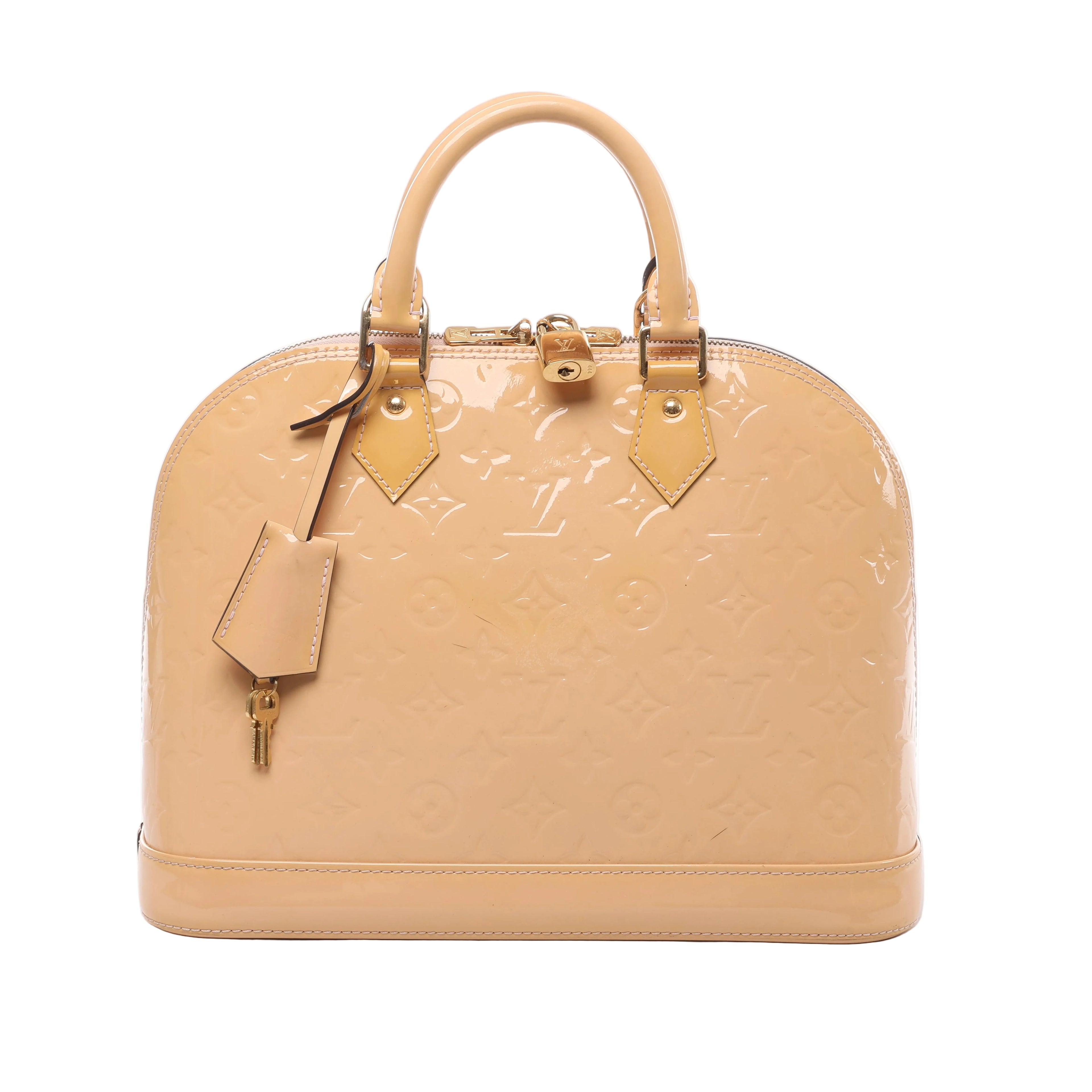 Beige Louis Vuitton Alma PM Monogram Vernis handbag with glossy embossed finish, rounded top handles, gold-tone hardware, padlock and key clochette.