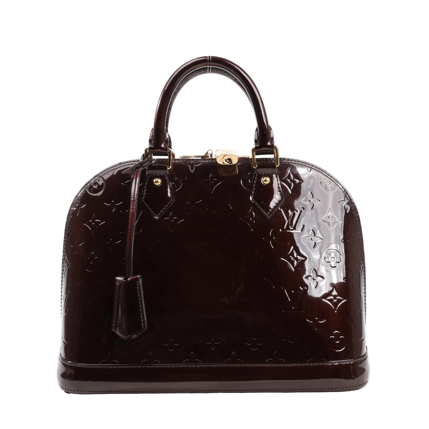 Front view of a Louis Vuitton Alma PM handbag in Amarante Monogram Vernis patent leather featuring embossed monogram, dual top handles, structured silhouette, gold-tone hardware, and a clochette.