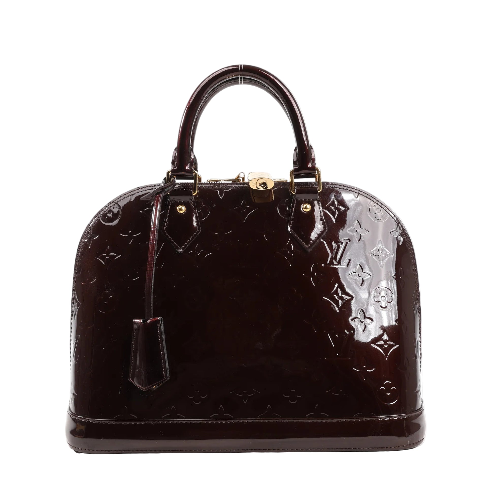 Front view of a Louis Vuitton Alma PM handbag in Amarante Monogram Vernis patent leather featuring embossed monogram, dual top handles, structured silhouette, gold-tone hardware, and a clochette.