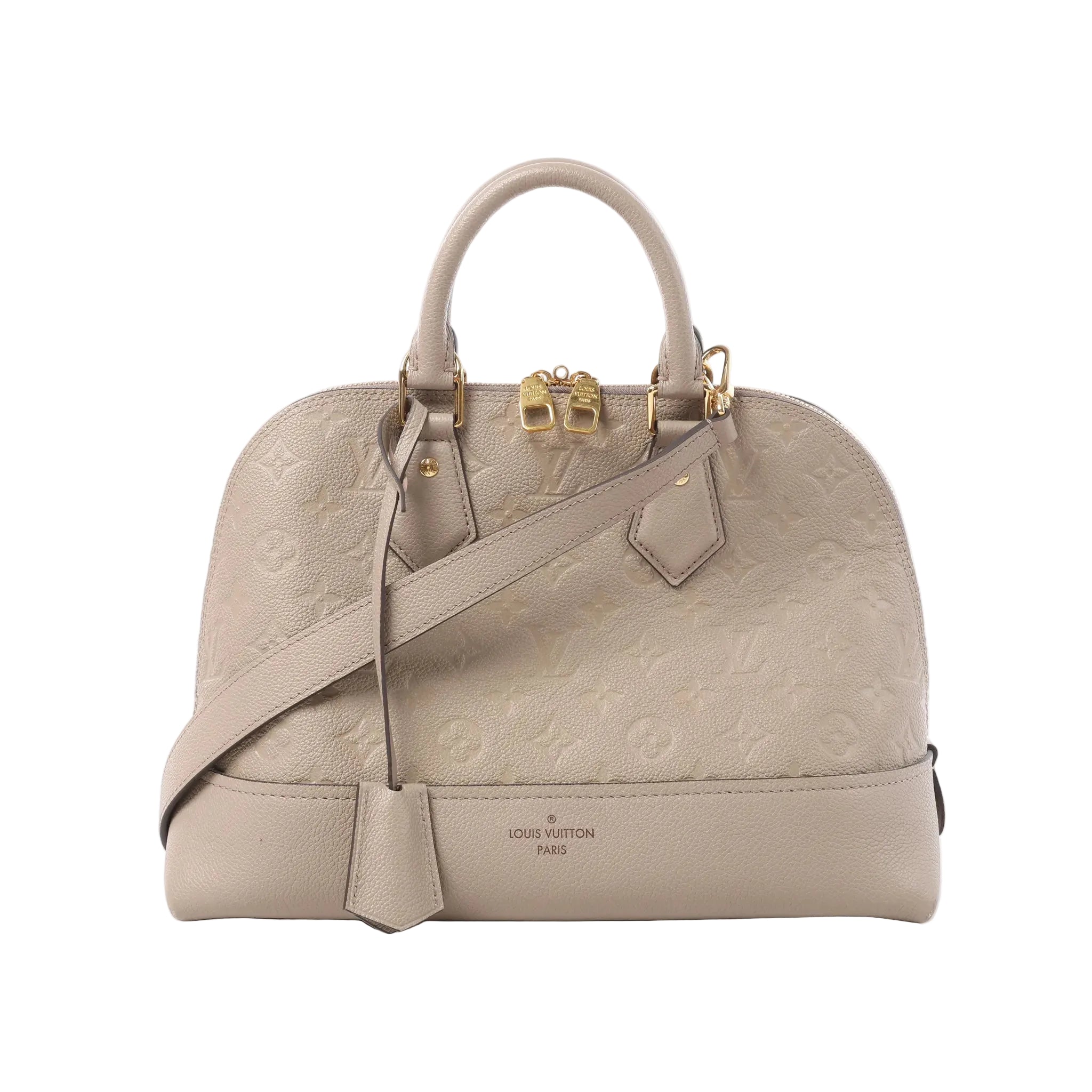 Louis Vuitton Alma PM beige Monogram Empreinte leather handbag with top handles, double zip closure, gold-tone hardware, and detachable shoulder strap on white background