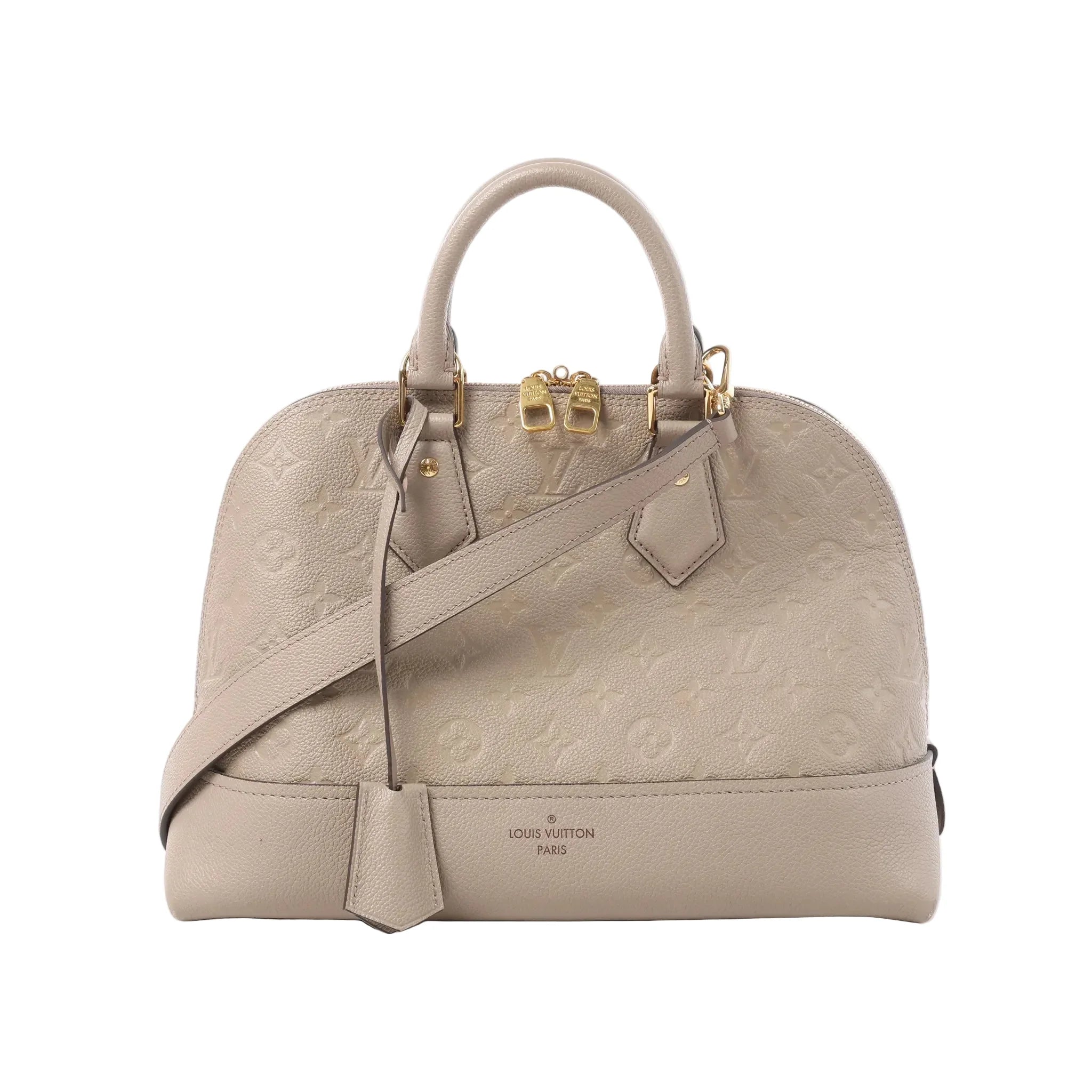 Louis Vuitton Alma PM beige Monogram Empreinte leather handbag with top handles, double zip closure, gold-tone hardware, and detachable shoulder strap on white background