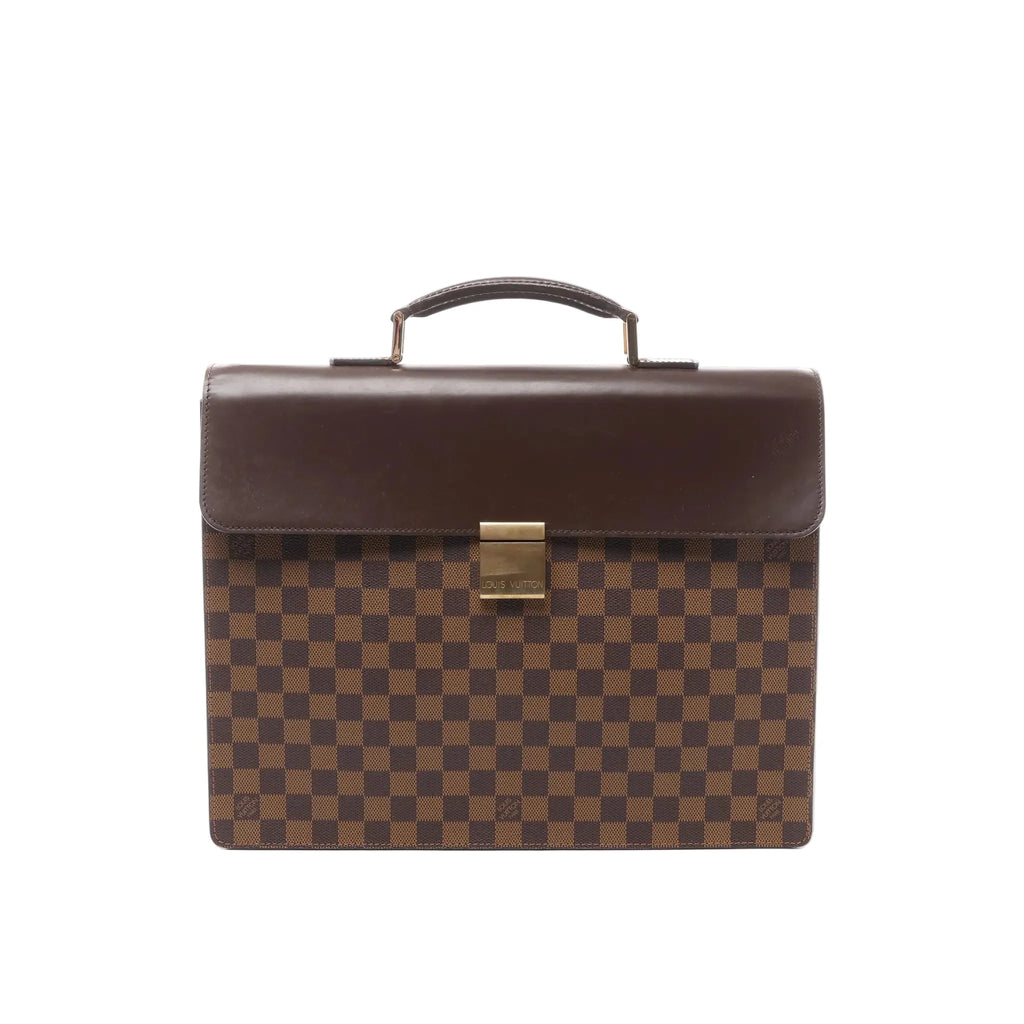 Louis Vuitton Altona PM Damier Ebene briefcase handbag with brown checkered canvas body, smooth dark brown leather flap, top handle, and gold-tone rectangular clasp, shown on a white background.
