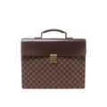 Louis Vuitton Altona PM Damier Ebene briefcase handbag with brown checkered canvas body, smooth dark brown leather flap, top handle, and gold-tone rectangular clasp, shown on a white background.