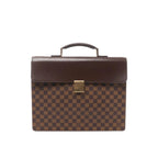 Louis Vuitton Altona PM Damier Ebene briefcase handbag with brown checkered canvas body, smooth dark brown leather flap, top handle, and gold-tone rectangular clasp, shown on a white background.