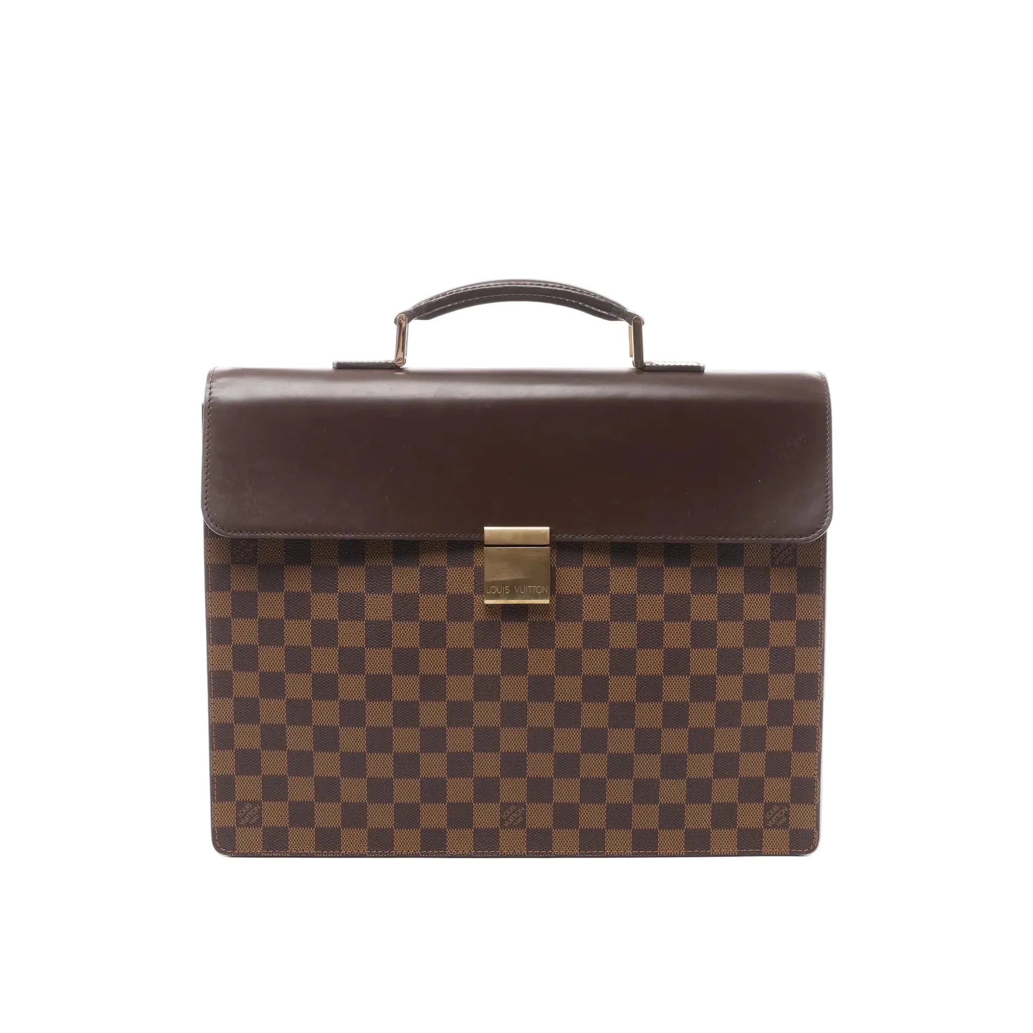 Louis Vuitton Altona PM Damier Ebene briefcase handbag with brown checkered canvas body, smooth dark brown leather flap, top handle, and gold-tone rectangular clasp, shown on a white background.