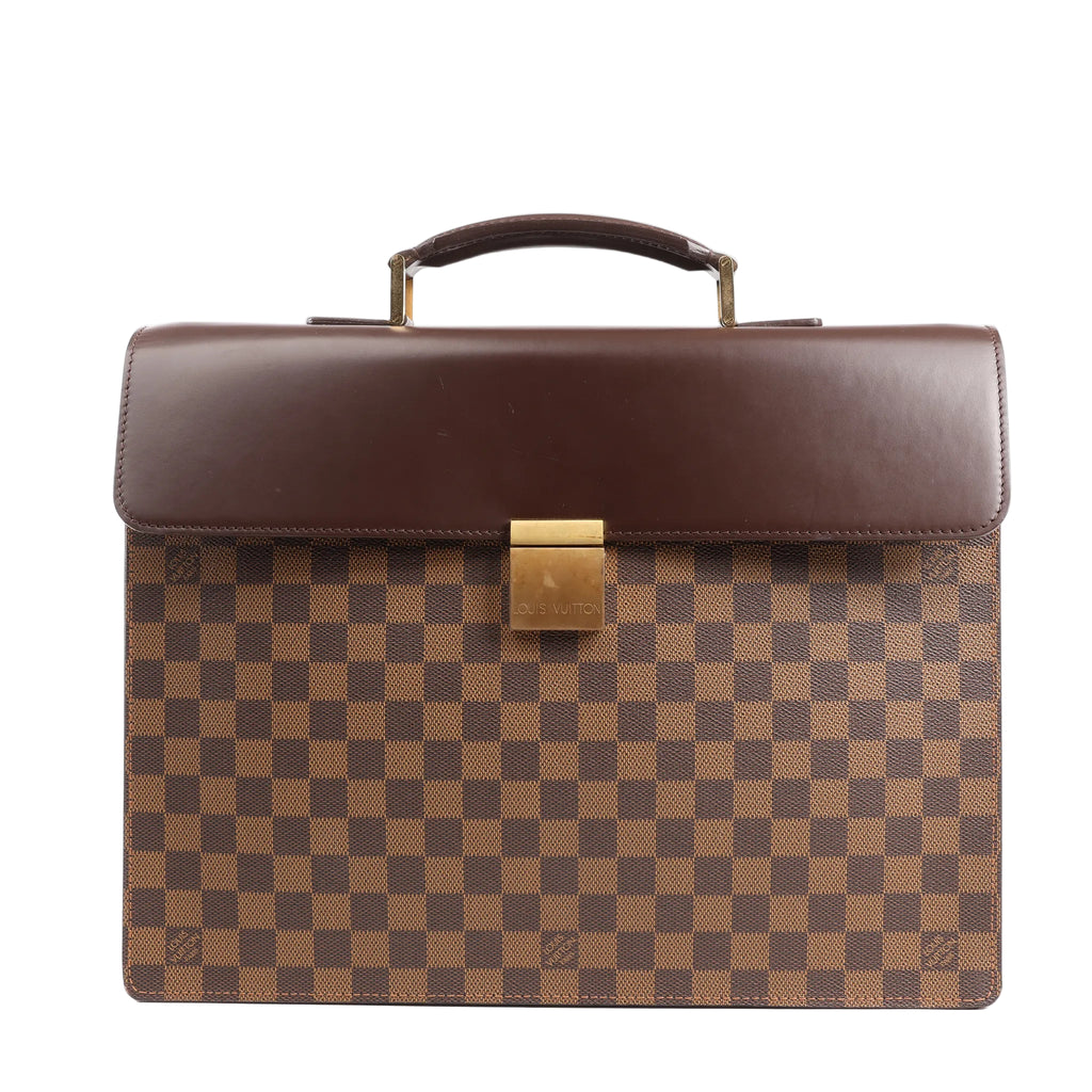 Louis Vuitton Damier Ebene Altona PM Handbag N53315 featuring brown checkered canvas, a dark leather flap, top handle, and gold-tone push-lock closure, displayed against a white background.