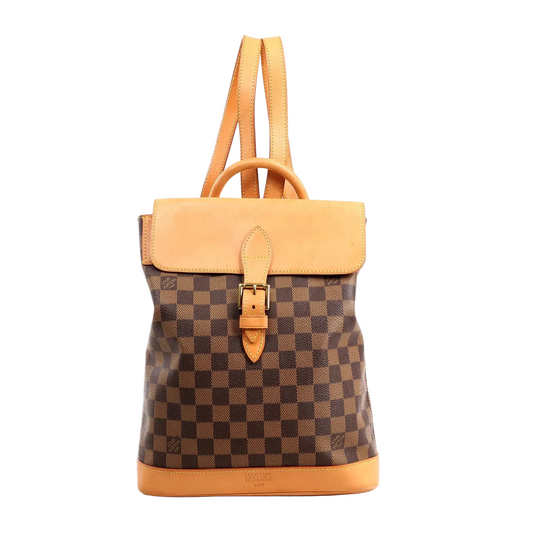 Louis Vuitton Arlequin backpack N99038 in brown Damier Ebene canvas with natural leather flap, buckle closure, top handle, and slim leather shoulder straps.