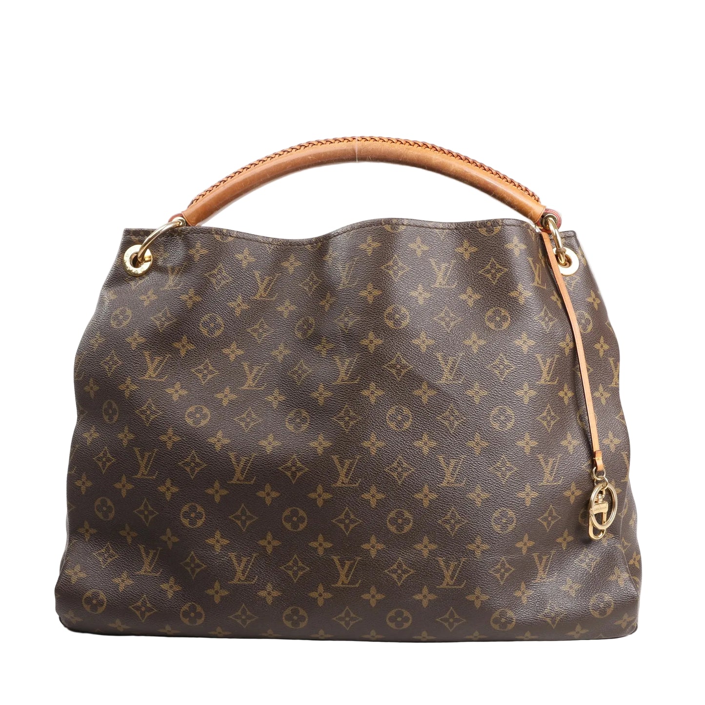 Louis Vuitton Artsy GM shoulder bag in brown Monogram canvas featuring the signature LV and floral pattern, braided leather handle, and gold-tone hardware accents.