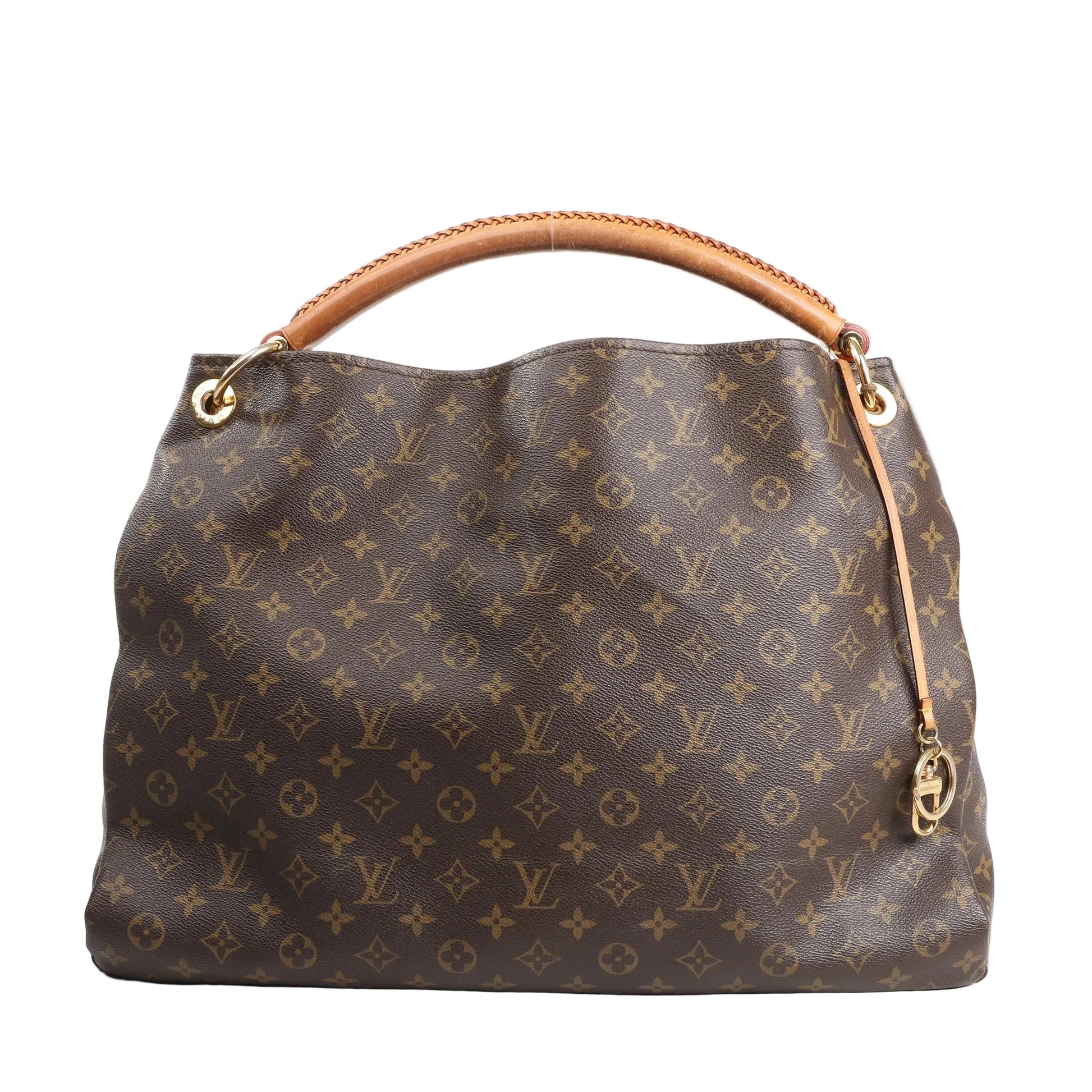 Louis Vuitton Artsy GM shoulder bag in brown Monogram canvas featuring the signature LV and floral pattern, braided leather handle, and gold-tone hardware accents.