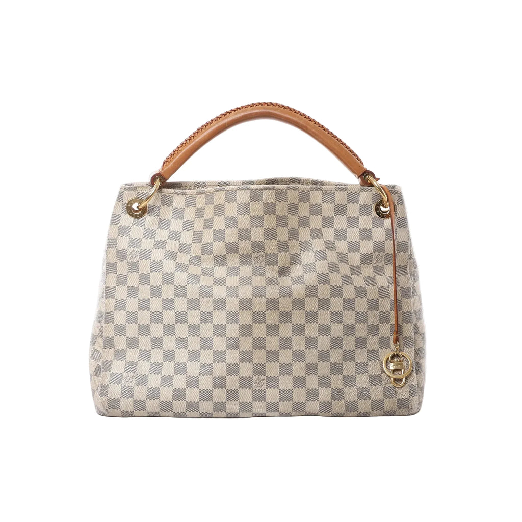 Louis Vuitton Artsy MM shoulder bag in Damier Azur checkered canvas with a braided natural leather handle, gold-tone hardware and hanging charm.