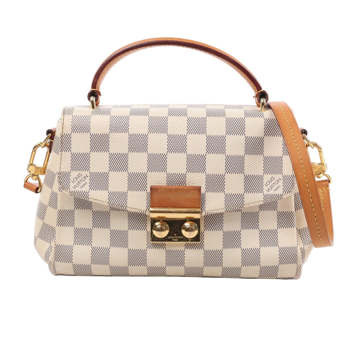 Louis Vuitton Damier Azur Croisette 2Way Handbag N41581 in cream and blue checkered canvas with natural leather top handle and strap, front flap with gold-tone S-lock closure, displayed against a white background.