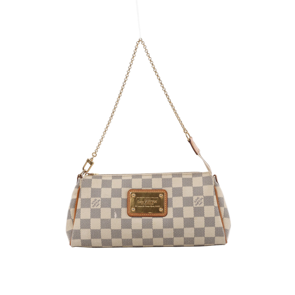 Louis Vuitton Eva Damier Azur shoulder bag in cream and gray check canvas with tan leather trim, gold-tone chain strap and front logo plaque.