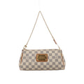 Louis Vuitton Eva Damier Azur shoulder bag in cream and gray check canvas with tan leather trim, gold-tone chain strap and front logo plaque.