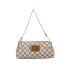 Louis Vuitton Eva Damier Azur shoulder bag in cream and gray check canvas with tan leather trim, gold-tone chain strap and front logo plaque.