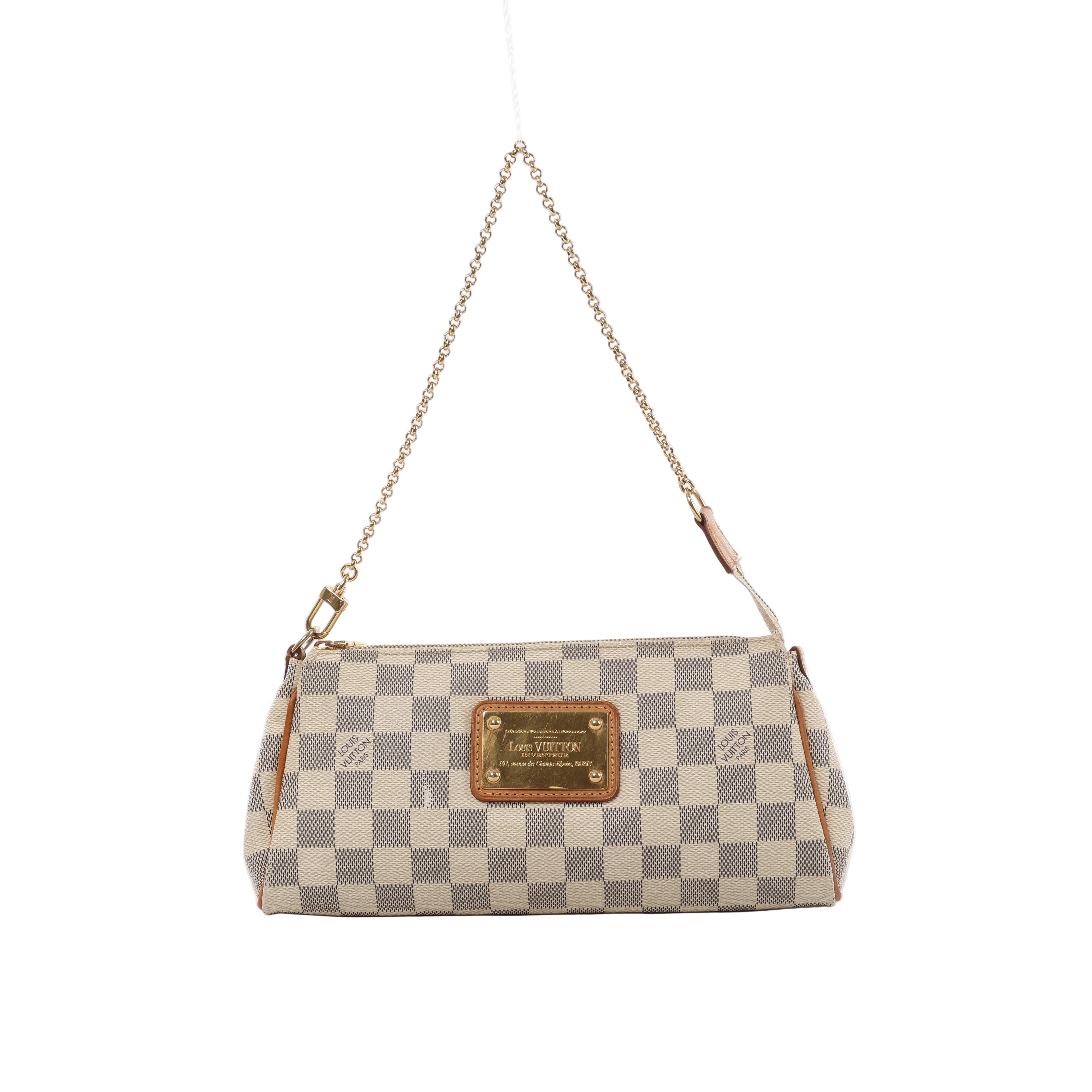Louis Vuitton Eva Damier Azur shoulder bag in cream and gray check canvas with tan leather trim, gold-tone chain strap and front logo plaque.