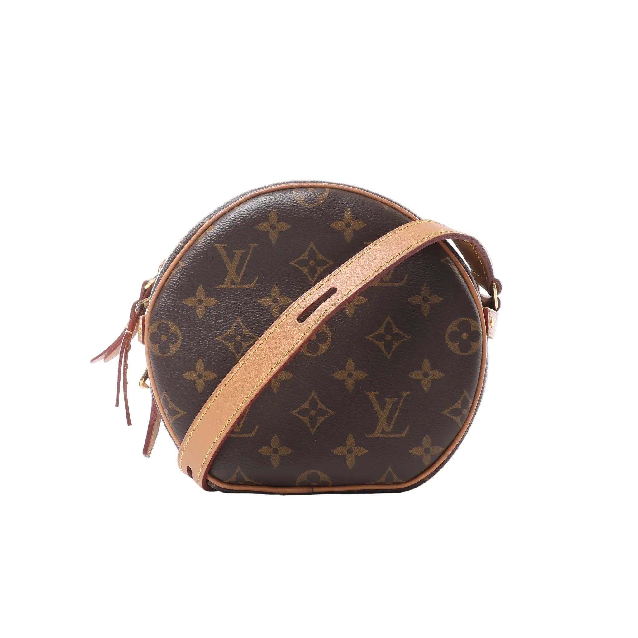 Louis Vuitton Boîte Chapeau Souple PM Monogram crossbody bag in brown Monogram coated canvas with natural leather trim, round silhouette and adjustable leather shoulder strap.