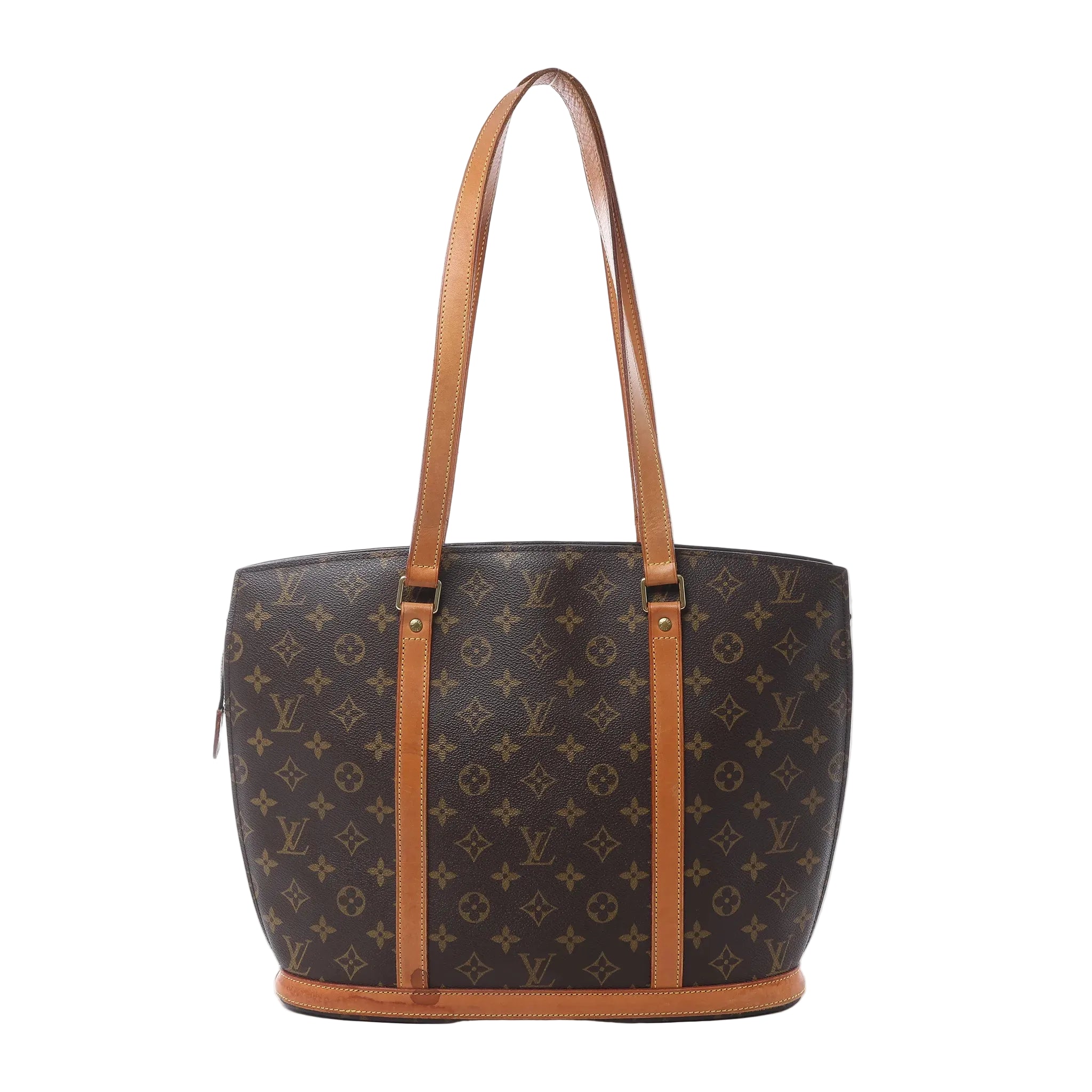 Louis Vuitton Babylone shoulder bag in brown Monogram canvas with tan vachetta leather straps, gold-tone hardware, and structured tote silhouette on white background.