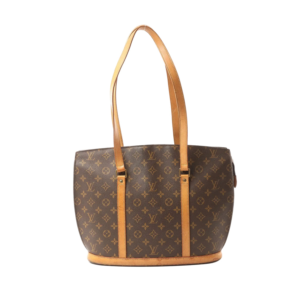 Louis Vuitton Babylone shoulder bag in brown Monogram canvas with long vachetta leather straps and vachetta trim, front view on a white background.