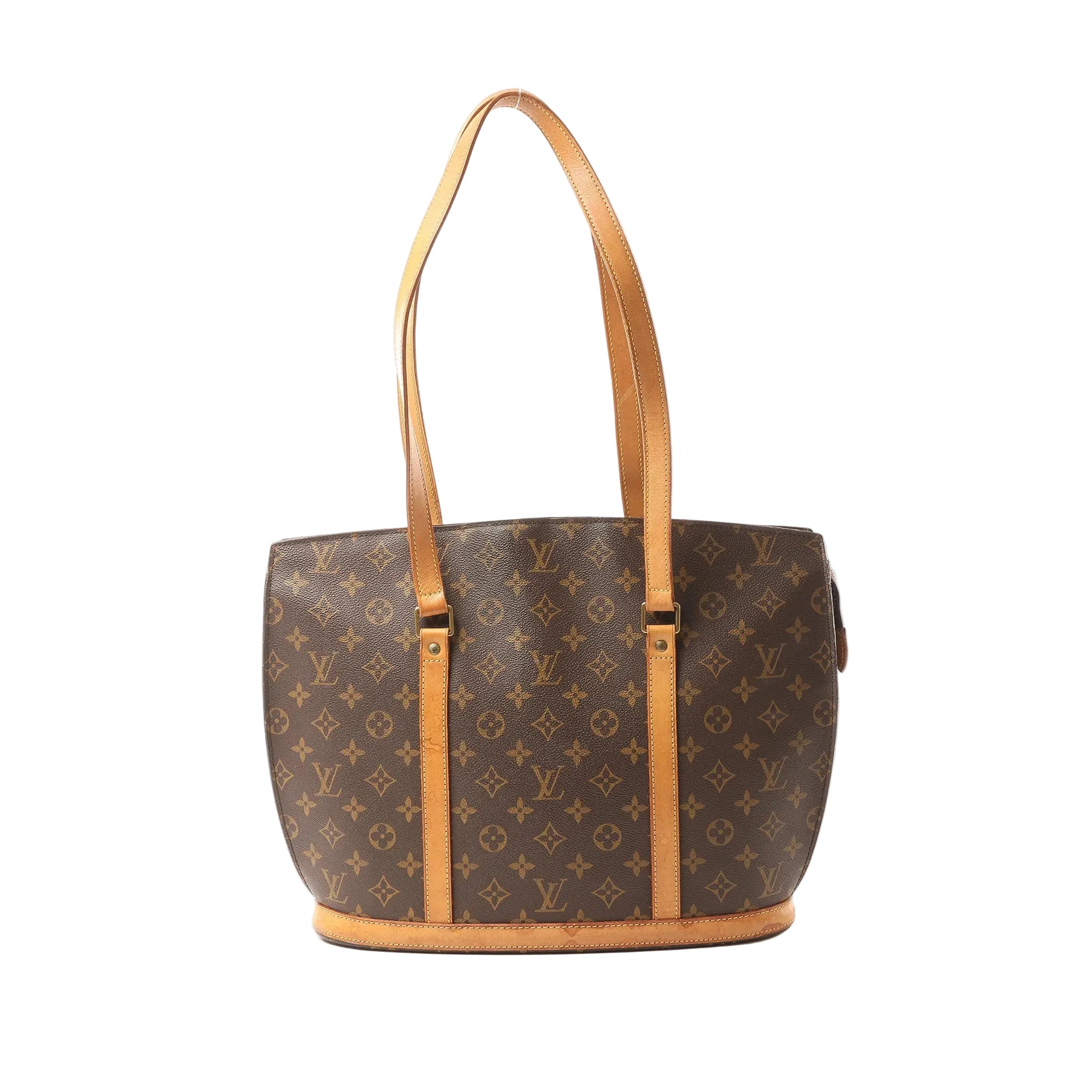 Louis Vuitton Babylone shoulder bag in brown Monogram canvas with long vachetta leather straps and vachetta trim, front view on a white background.