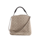Beige Louis Vuitton Babylon PM Mahina leather handbag with perforated Monogram, dark braided top handle, long shoulder strap and silver-tone hardware.