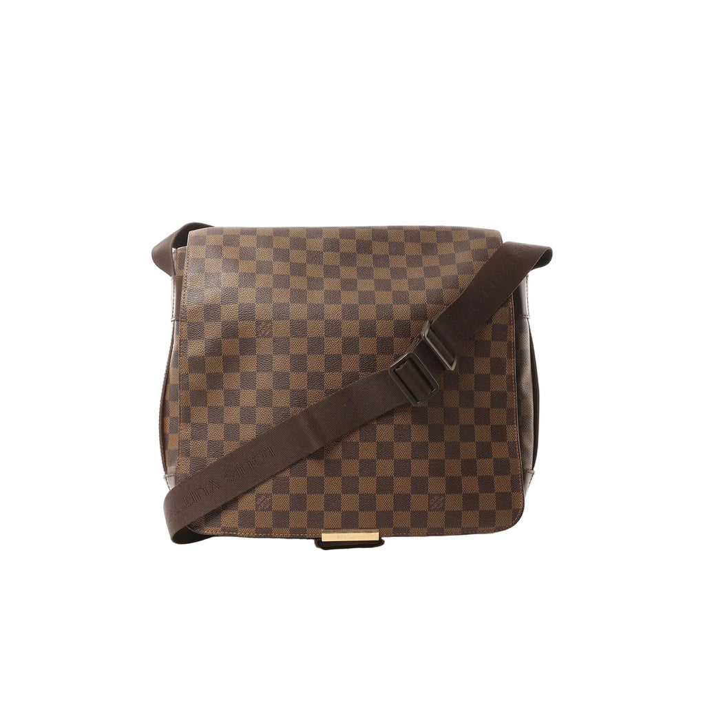 Louis Vuitton Bastille messenger bag in brown Damier Ebene check canvas with flap front, dark brown adjustable web shoulder strap, and gold-tone hardware on white background.