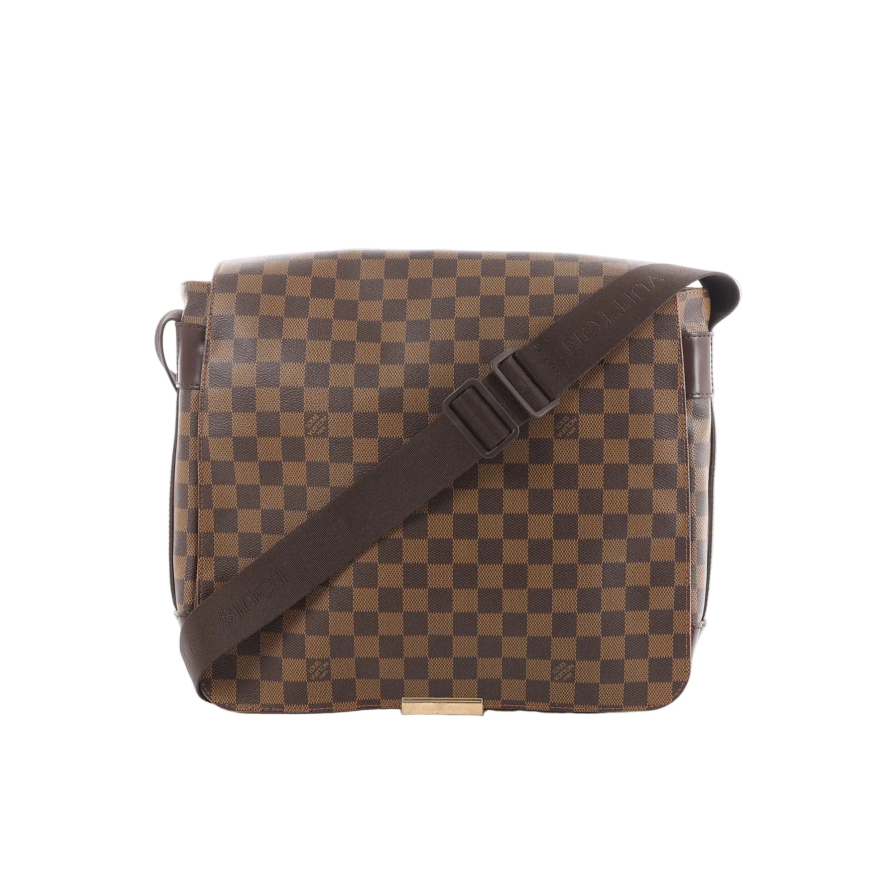 Louis Vuitton Damier Ebene brown check messenger bag with flap front and wide adjustable shoulder strap on a white background.