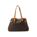 Louis Vuitton Batignolles Horizontal shoulder bag in brown Monogram canvas with tan leather straps and side buckle tabs on white background